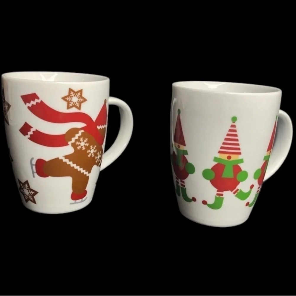 2 Crate & Barrel Skating Gingerbread Boy + Jingle Elves Christmas Mugs in EUC